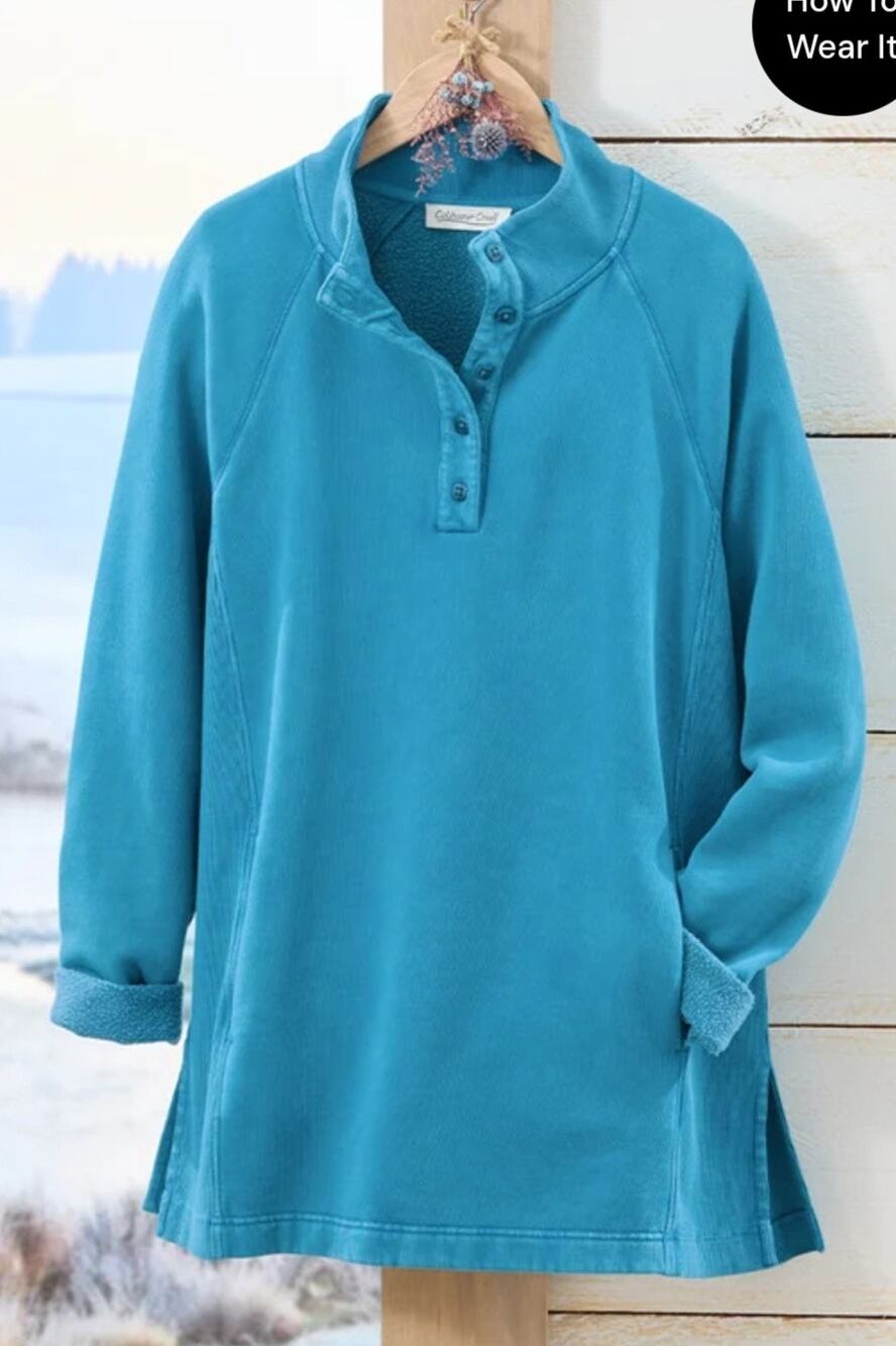 Coldwater Creek Weekend Popover Sweatshirt XL Blue,Cabincore. HenleySweatshirt.